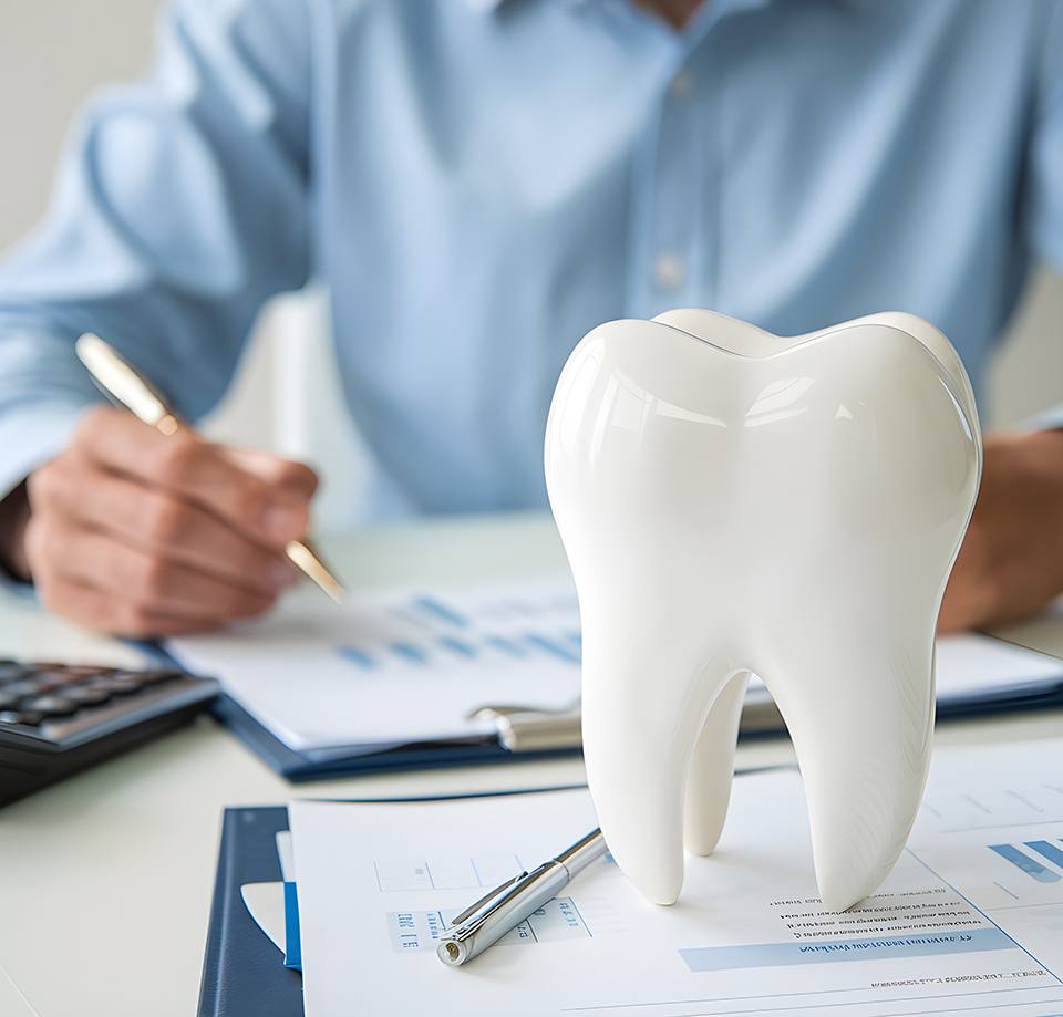 Man at desk with large model tooth calculating cost of invoice